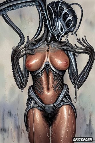 crawling, wide hips, face, hr giger aliens, female cyborg, hairy vagina