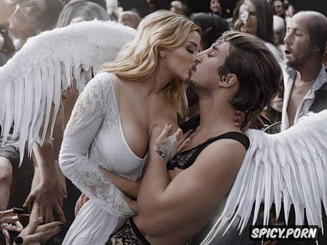 kissing, exposed boobs, photo realistic, crowd watching, angel and devil