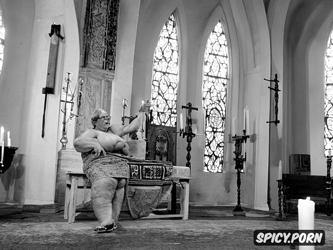 candlelight, naked, granny, cathedral, cross necklace, stained glass windows