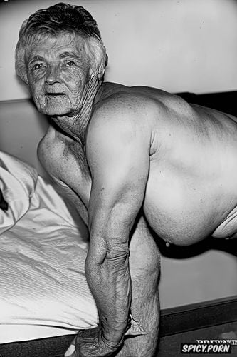 muscular, frontal exposure, and flashing naked sagging very huge monstrous gigantic naked massive big boobs implants in bedroom silk sheets on bed very kinky granny bodybuilder granny