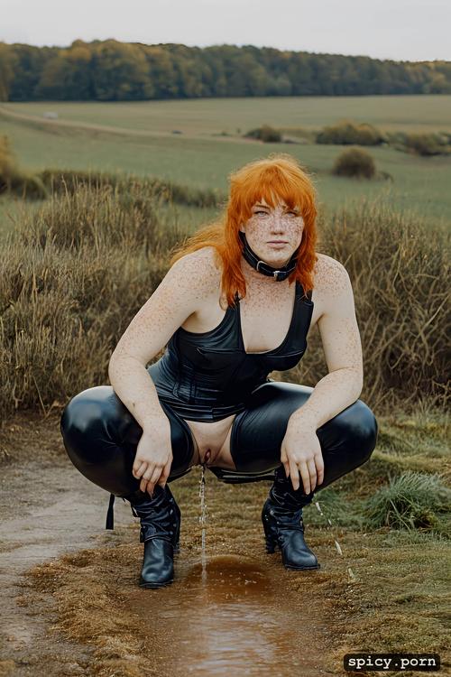 wearing a leather harness and heavy chains naked vagina, intricate orange hair