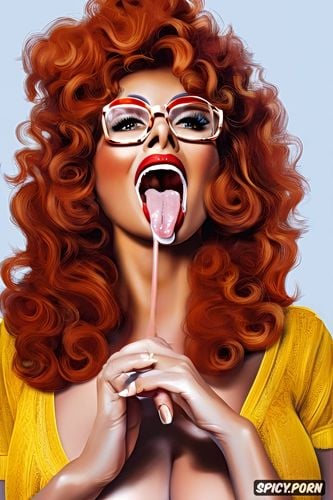 big glasses, wide open mouth, sophia loren, cum in moutn, sticking out tongue
