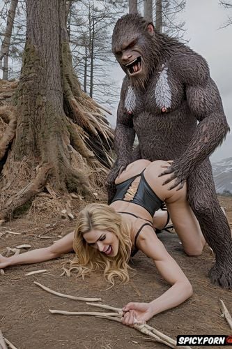 male sasquatch deep humping woman from behind, one on one, intent on effective copulation