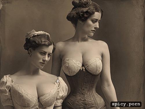 two women having strapon lesbian sex, large breasts, 1900s, intricate