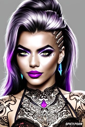 ultra detailed, ultra realistic, high resolution, sombra overwatch beautiful face young tattoos tight exotic black lace lingerie smirking portrait masterpiece