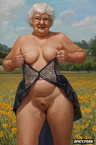 fat granny, the fat grandmother has nude pussy under her skirt shows open realistyc labia upskirt very old