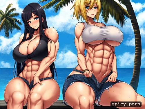 abs, muscular female, bare midriff, wide hips, cleavage, sitting size difference