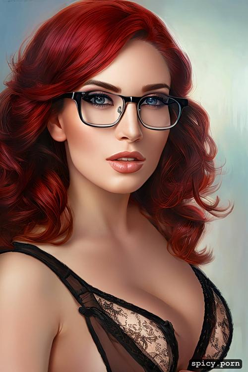 big glasses, red hair, short stature, pale skin, pert breasts