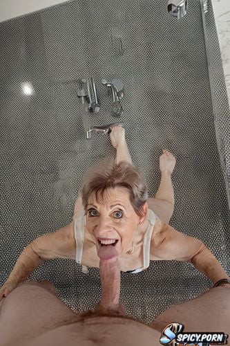 age sixtyfive, wet hair, white female, big tits, sucking huge dick while washing hair