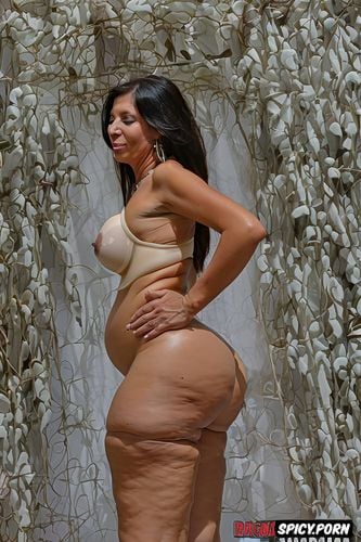 tall naked brunette pregnant gilf, wide hips, gigantic boobs bigger nipples big pregnant belly thin transparent latex bodystocking