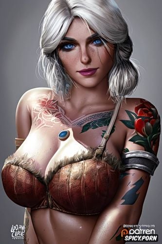 tattoos small perky tits masterpiece, ultra detailed, ciri the witcher beautiful face young full body shot