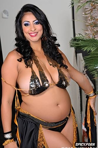 traditional two piece belly dance costume, smiling, gorgeous voluptuous belly dancer