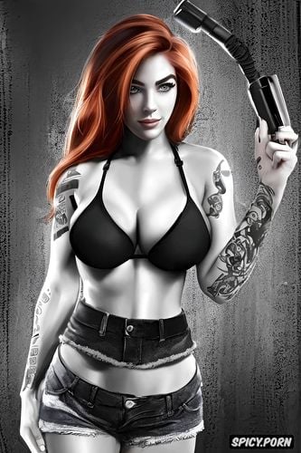 topless, tattoos, high resolution, ultra realistic, kim possible kim possible beautiful face full body shot