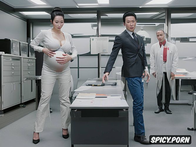 office, japanese milf, peeing pants, pregnant, 45 years old