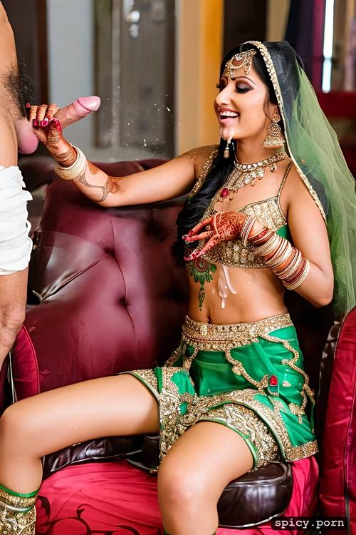 the beautiful indian bride stiing on chair in the public giving blowjob to the man and get covered by cum all over his face