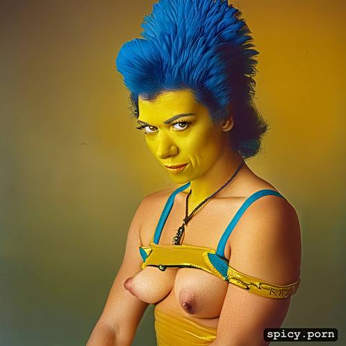 8k, portrait, masterpiece, blue hair, nipples visible, yellow tatiana maslany as marge simpson