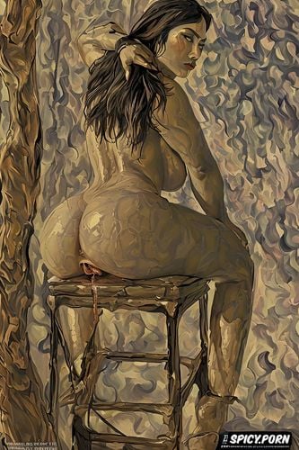 naked, very small breasts, pallette knife painting, small ass