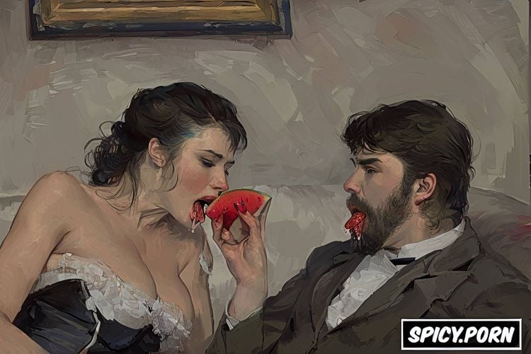 couch, vampire, garden, drinking coffee, impressionism painting style