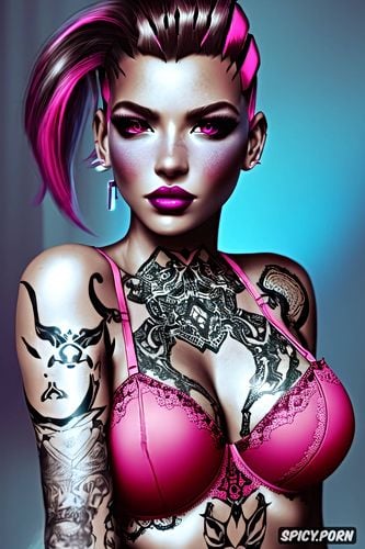 tattoos masterpiece, k shot on canon dslr, ultra detailed, sombra overwatch beautiful face young sexy low cut pink lace lingerie