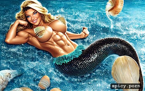 seashell bikini1 62, on bed, mermaid tail1 4, freckles1 3, bulging biceps1 64
