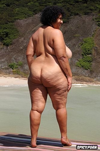 at beach, standing, sagging fat belly, large high hips, oiled body