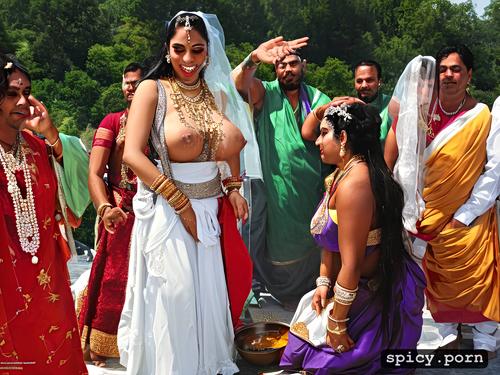 long dark hair, stiff long nipples, hindu wedding priest present