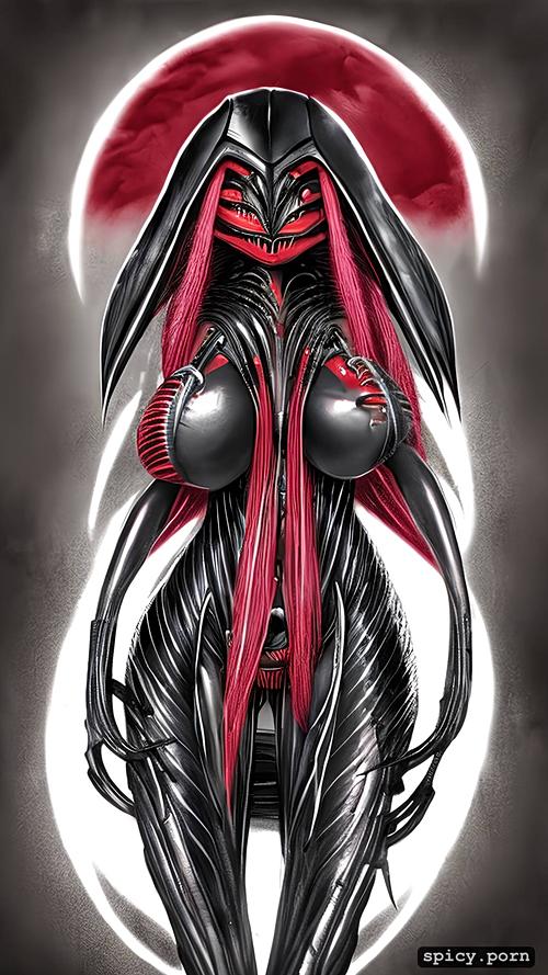 small boobs, long black hair, red mesmerizing eyes, hr giger style