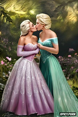disney, fantasy, nude, princess elsa kissing princess tiana