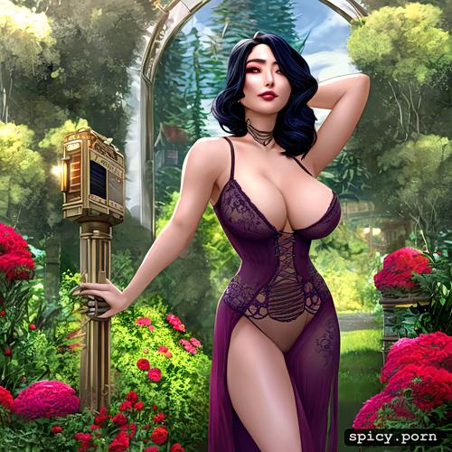intricate hair, solid colors, lingerie, big nipples, in a garden