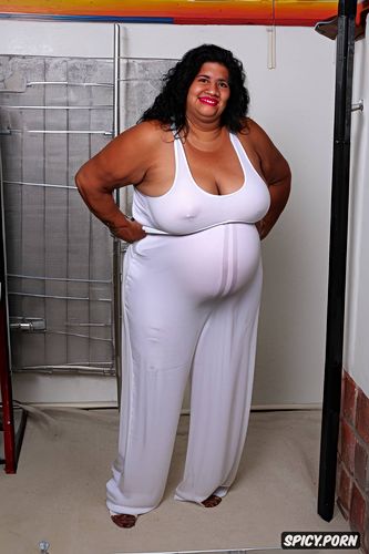 she smile, layered flabby loose belly, full body shot, wearing a sleeveless white sheer jumpsuit