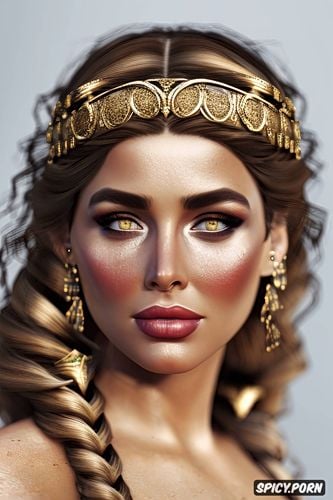 busty, face shot, fantasy ancient greek queen beautiful face olive skin long soft light brown hair in a braid diadem curvy