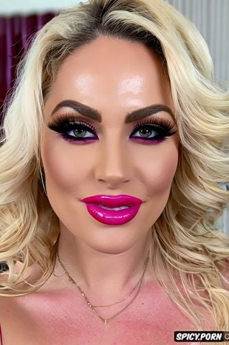 huge fake lips, open mouth, glossy lips, thick lip liner, shiny pink lipstick