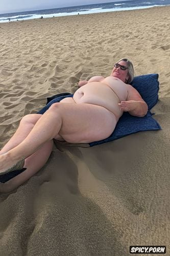 fat old woman full body lying on the beach sand sunbathing face up