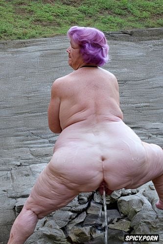 white granny, squatting, rear view, hyperrealistic pregnant pissing muscular thighs red bobcut haircut tanned