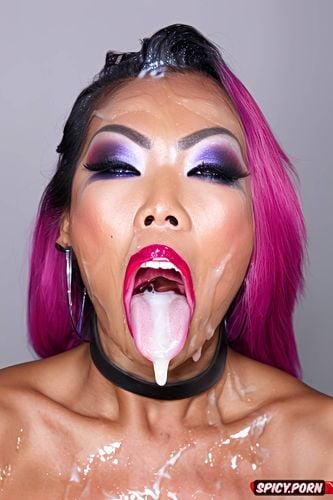 cum in hair, large tongue out, completely naked, heavy trashy colorful makeup