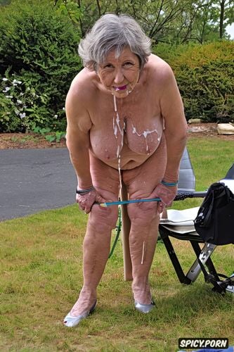 obese body with a lot of cellulite and wrinkled skin, 90 year old fat old woman on her knees with her mouth open swallowing the semen that comes out of the dick that is half stuck in her throat