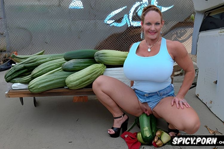 squatting, ordinary trailer trash redneck sexy middle aged woman with gigantic tits in a tight top and daisy dukes