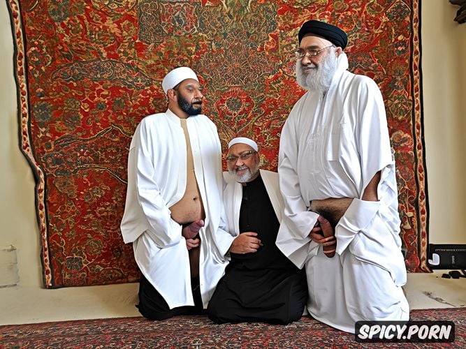 cum, hard veiny erected penis, two old fat muslim imams, sucks dick