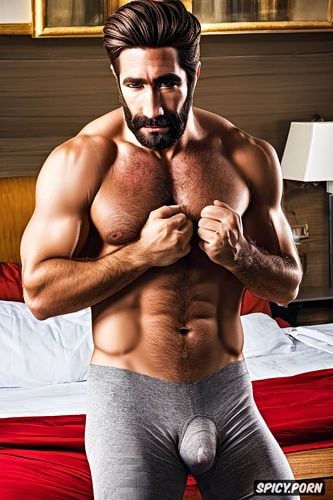 oiled, seductive look, oiled chest, bedroom, jake gyllenhaal teasing his junk
