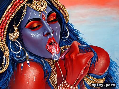 indian godess kali, face bukake, red lipstick, blue skin cum dripping from face