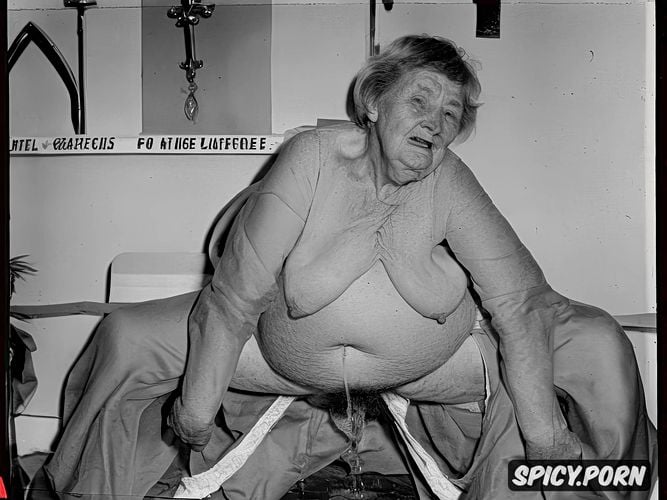 pregnant, obese, grey hair, spread legs squatting, aged old nun grandma