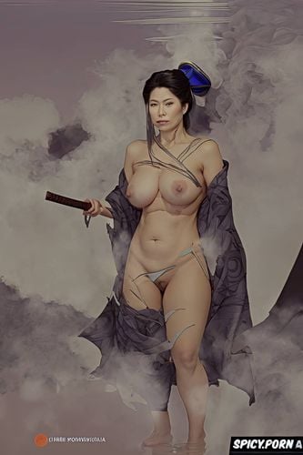 ilya repin painting, nude portrait, steam, samurai sword, small perky breasts