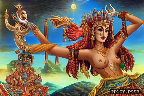 beautiful, midjourney diffusion, crown on head, realistic goddess tripurasundari with multiple hands