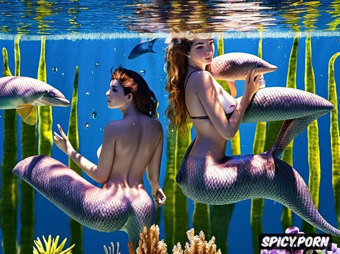 some fish, three young mermaids swimming underwater, k shot on canon dslr