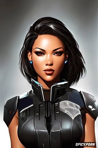 commander shepard mass effect beautiful face dark ebony skin short close cropped black hair soft brown eyes tight military officer uniform