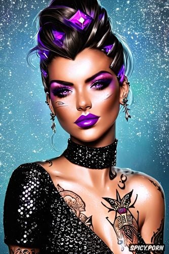 high resolution, k shot on canon dslr, tattoos masterpiece, sombra overwatch beautiful face young sexy low cut black sequin dress