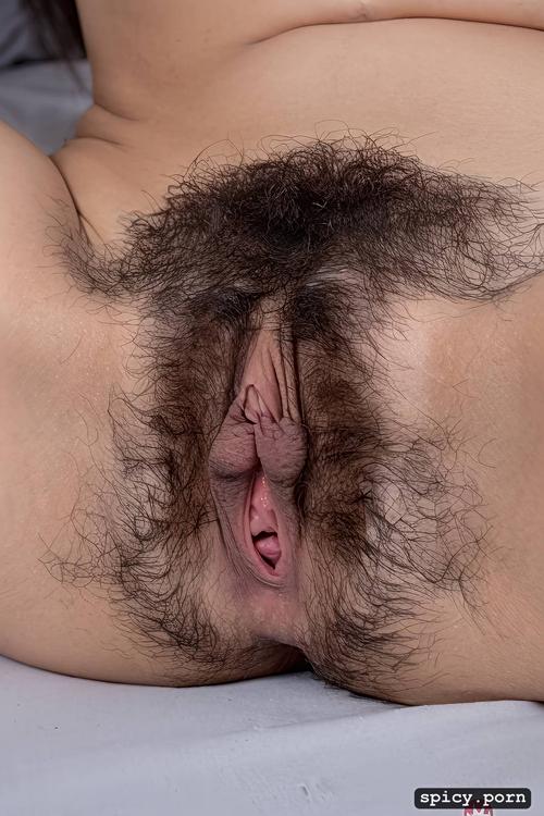 ultra realistic skin, exquisite quality, hirsute italian teen with big clitoris laying up on a bed showing her hairy pussy