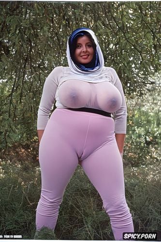 light pink hijab, cameltoe deep split slit, front view, short legs