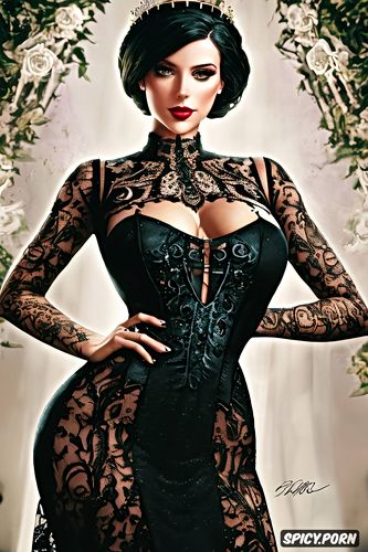high resolution, ultra detailed, elizabeth bioshock infinite beautiful face young tight low cut black lace wedding gown tiara
