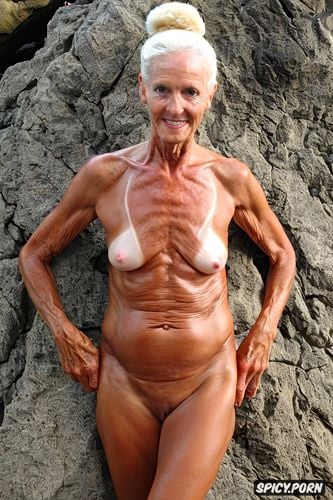 blonde, oiled body, young face, burned skin, wrinkly chest, skinny